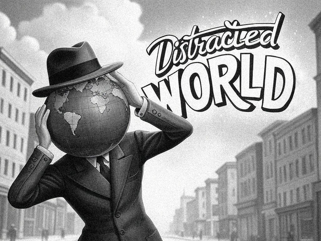 Distracted WORLD illustration with globe head character